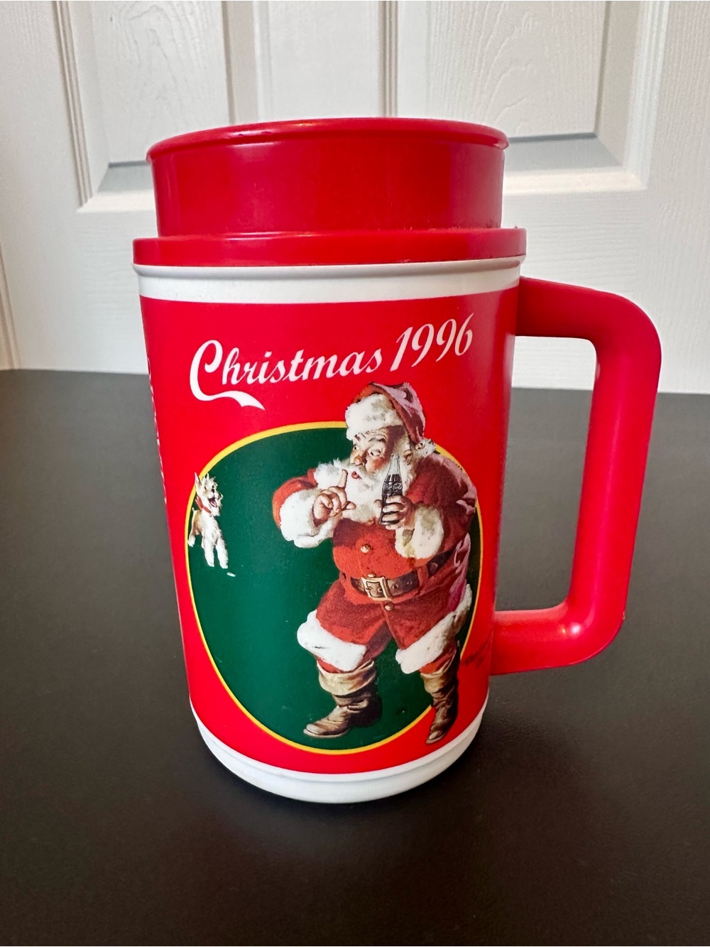 Coca Cola Red and Green Christmas 1996 Santa Travel Mug